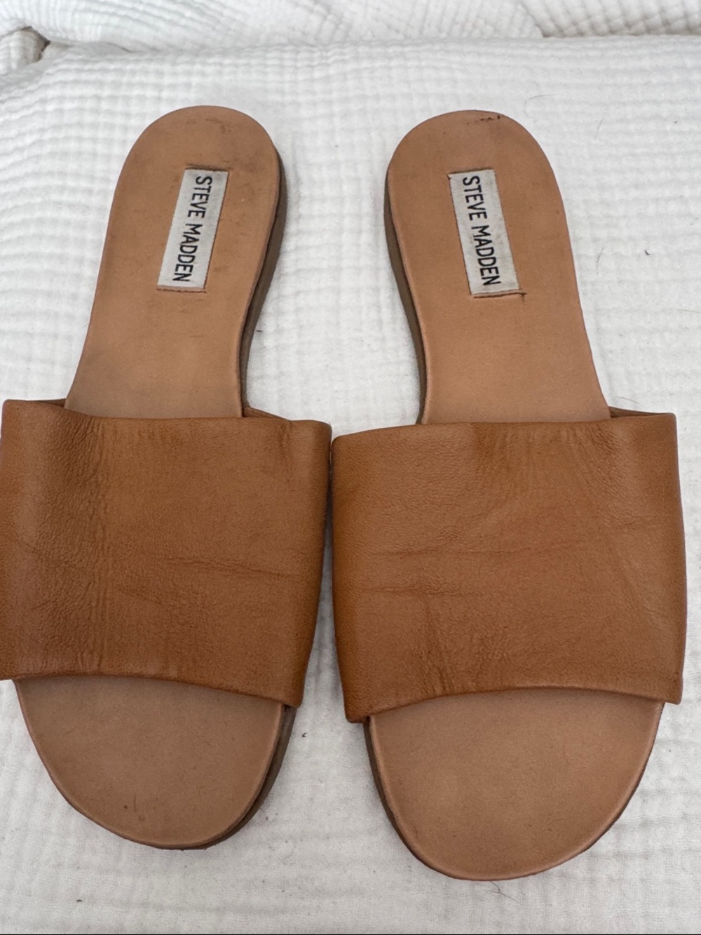 Steve Madden Leather Wide-Band Slide Sandals in Tan Brown